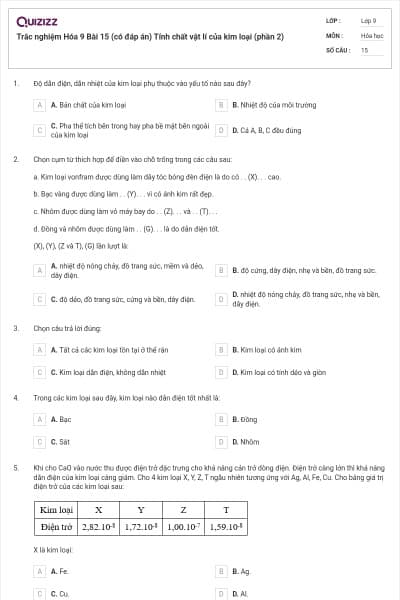Trắc nghiệm Hóa 9 Bài 15 (có đáp án) Tính chất vật lí của kim loại (phần 2)