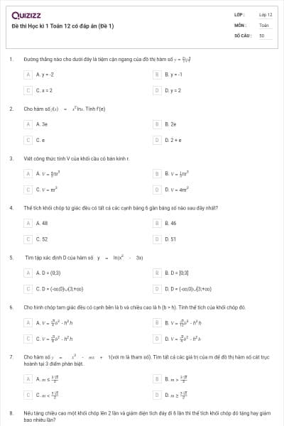 Đề thi Học kì 1 Toán 12 có đáp án (Đề 1)