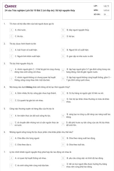 24 câu Trắc nghiệm Lịch Sử 10 Bài 2 (có đáp án): Xã hội nguyên thủy
