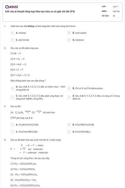 635 câu lý thuyết tổng hợp Hóa học hữu cơ có giải chi tiết (P4)