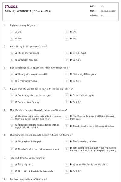 Đề thi Học kì 2 GDCD 11 (có đáp án - Đề 4)