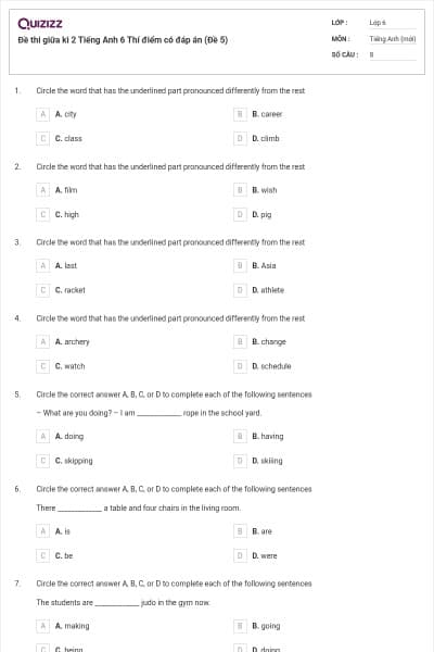 Đề thi giữa kì 2 Tiếng Anh 6 Thí điểm có đáp án (Đề 5)