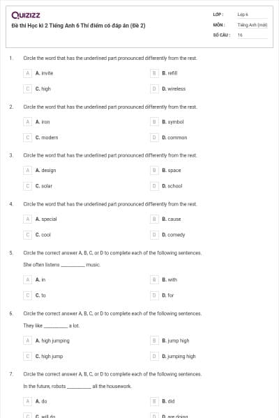 Đề thi Học kì 2 Tiếng Anh 6 Thí điểm có đáp án (Đề 2)