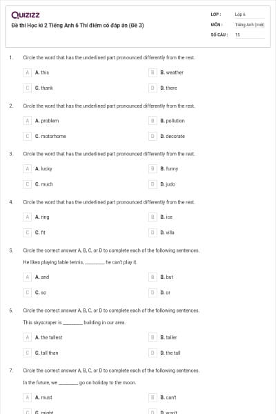 Đề thi Học kì 2 Tiếng Anh 6 Thí điểm có đáp án (Đề 3)