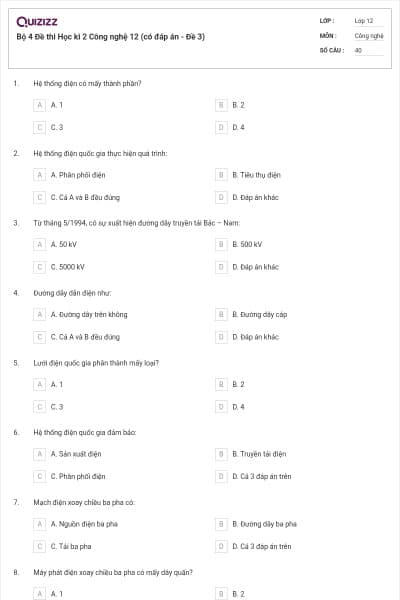 Bộ 4 Đề thi Học kì 2 Công nghệ 12 (có đáp án - Đề 3)
