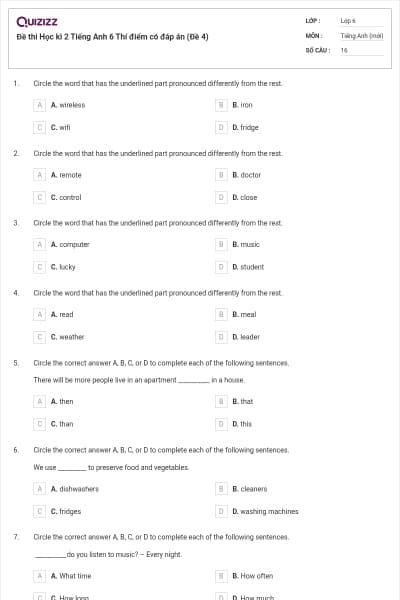 Đề thi Học kì 2 Tiếng Anh 6 Thí điểm có đáp án (Đề 4)