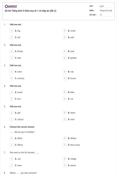 Đề thi Tiếng Anh 5 Giữa học kì 1 có đáp án (Đề 2)