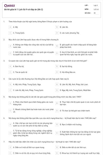Đề thi giữa kì 1 Lịch Sử 9 có đáp án (Đề 2)
