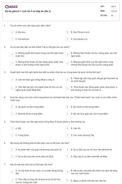 Đề thi giữa kì 1 Lịch Sử 9 có đáp án (Đề 3)