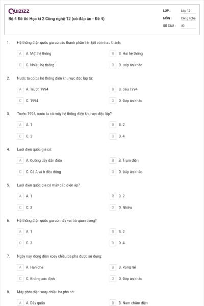 Bộ 4 Đề thi Học kì 2 Công nghệ 12 (có đáp án - Đề 4)