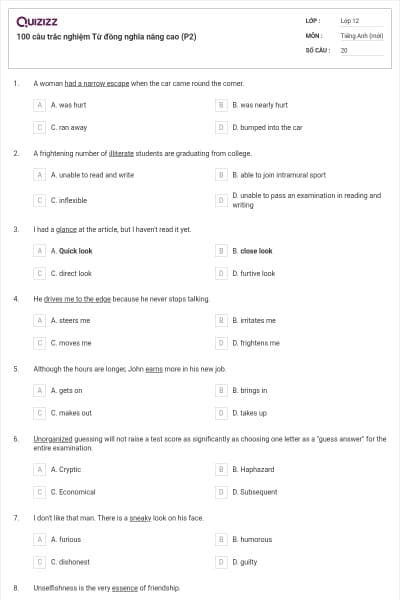 100 câu trắc nghiệm Từ đồng nghĩa nâng cao (P2)