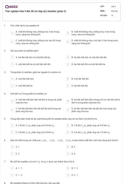 Trắc nghiệm Hóa 9 Bài 38 (có đáp án) Axetilen (phần 2)