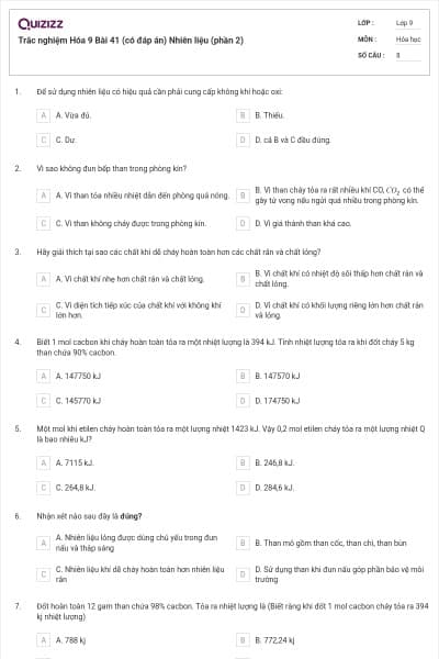 Trắc nghiệm Hóa 9 Bài 41 (có đáp án) Nhiên liệu (phần 2)
