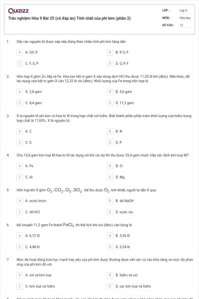 Trắc nghiệm Hóa 9 Bài 25 (có đáp án) Tính chất của phi kim (phần 2)