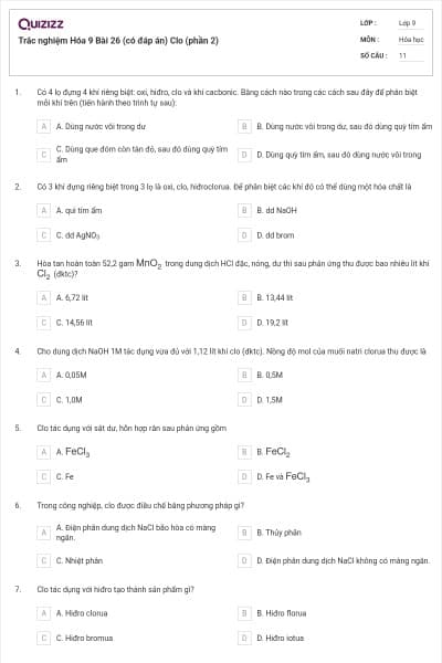 Trắc nghiệm Hóa 9 Bài 26 (có đáp án) Clo (phần 2)