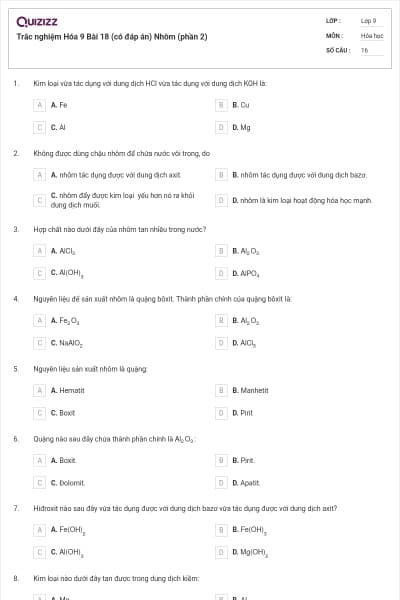 Trắc nghiệm Hóa 9 Bài 18 (có đáp án) Nhôm (phần 2)