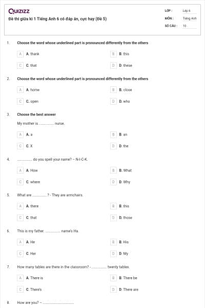 Đề thi giữa kì 1 Tiếng Anh 6 có đáp án, cực hay (Đề 5)
