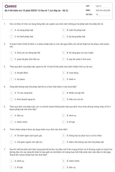 Bộ 4 Đề kiểm tra 15 phút GDCD 12 Học kì 1 (có đáp án - Đề 2)
