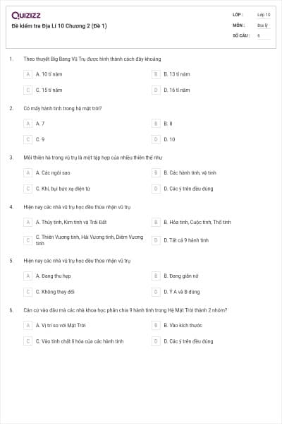 Đề kiểm tra Địa Lí 10 Chương 2 (Đề 1)