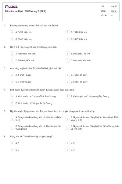 Đề kiểm tra Địa Lí 10 Chương 2 (Đề 2)