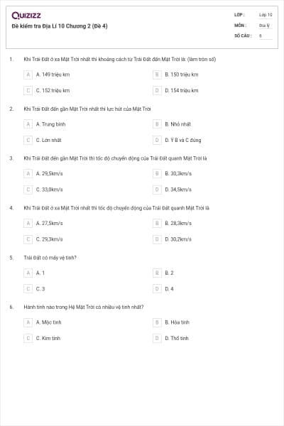 Đề kiểm tra Địa Lí 10 Chương 2 (Đề 4)