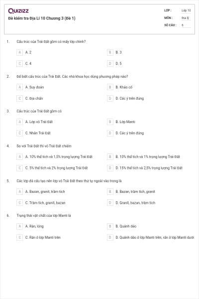 Đề kiểm tra Địa Lí 10 Chương 3 (Đề 1)