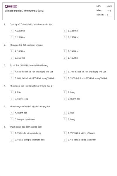 Đề kiểm tra Địa Lí 10 Chương 3 (Đề 2)