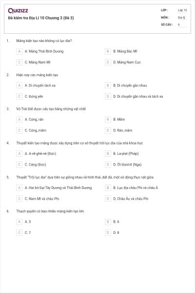 Đề kiểm tra Địa Lí 10 Chương 3 (Đề 3)