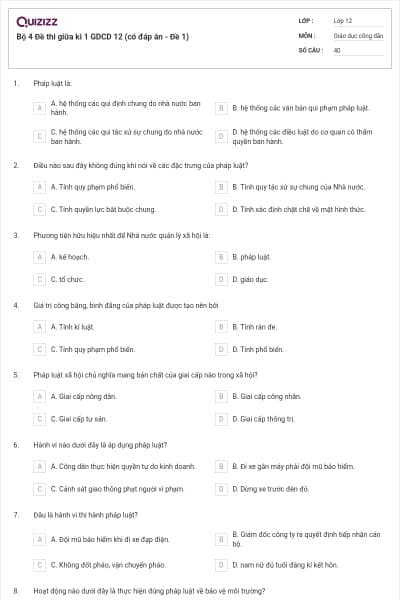 Bộ 4 Đề thi giữa kì 1 GDCD 12 (có đáp án - Đề 1)