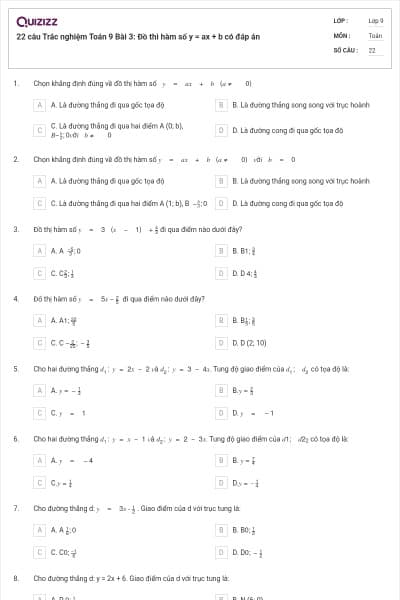 22 câu Trắc nghiệm Toán 9 Bài 3: Đồ thì hàm số y = ax + b có đáp án