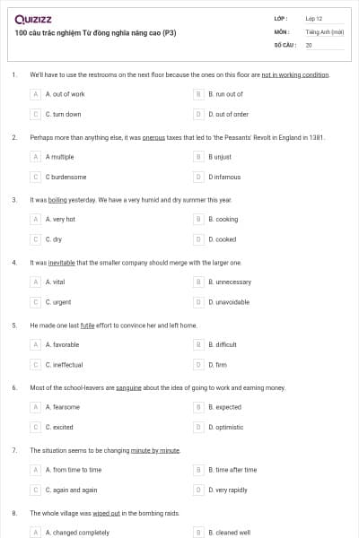 100 câu trắc nghiệm Từ đồng nghĩa nâng cao (P3)