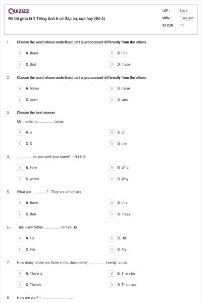 Đề thi giữa kì 2 Tiếng Anh 6 có đáp án, cực hay (Đề 5)