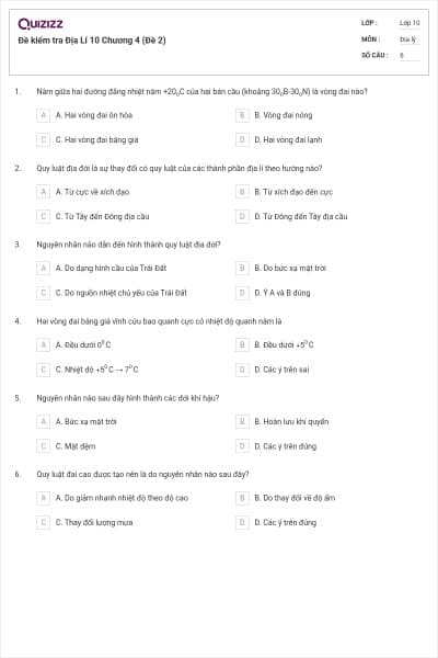 Đề kiểm tra Địa Lí 10 Chương 4 (Đề 2)