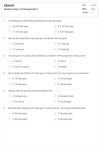 Đề kiểm tra Địa Lí 10 Chương 5 (Đề 1)