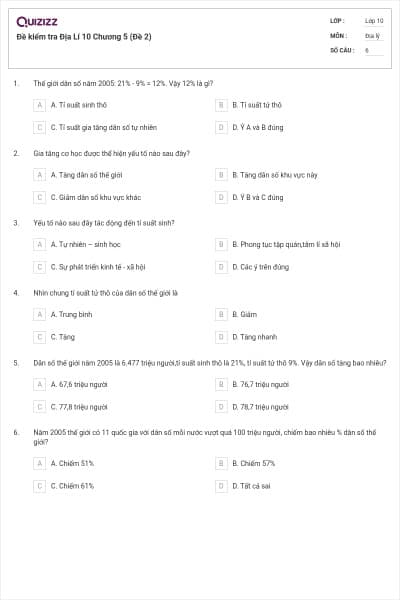 Đề kiểm tra Địa Lí 10 Chương 5 (Đề 2)