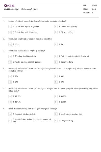 Đề kiểm tra Địa Lí 10 Chương 5 (Đề 3)