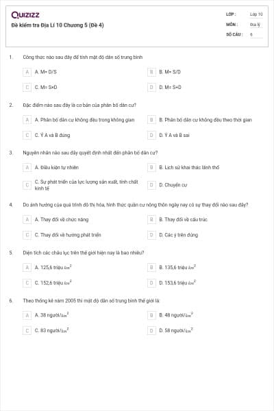 Đề kiểm tra Địa Lí 10 Chương 5 (Đề 4)