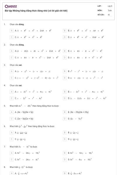 Bài tập Những hằng đẳng thức đáng nhớ (có lời giải chi tiết)