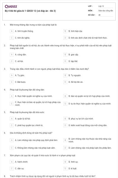 Bộ 4 Đề thi giữa kì 1 GDCD 12 (có đáp án - Đề 3)