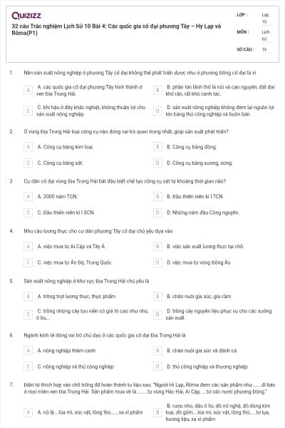32 câu Trắc nghiệm Lịch Sử 10 Bài 4: Các quốc gia cổ đại phương Tây – Hy Lạp và Rôma(P1)