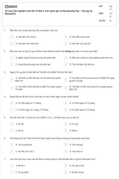 32 câu Trắc nghiệm Lịch Sử 10 Bài 4: Các quốc gia cổ đại phương Tây – Hy Lạp và Rôma(P2)