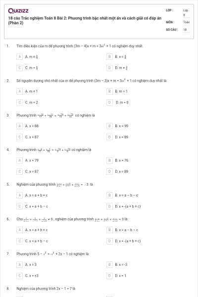 18 câu Trắc nghiệm Toán 8 Bài 2: Phương trình bậc nhất một ẩn và cách giải có đáp án (Phần 2)