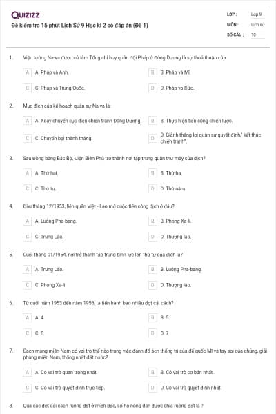 Đề kiểm tra 15 phút Lịch Sử 9 Học kì 2 có đáp án (Đề 1)
