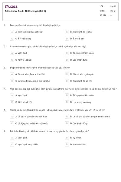 Đề kiểm tra Địa Lí 10 Chương 6 (Đề 1)