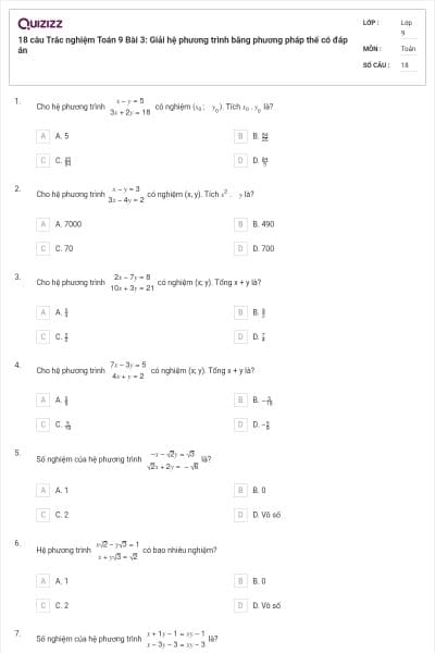 18 câu Trắc nghiệm Toán 9 Bài 3: Giải hệ phương trình bằng phương pháp thế có đáp án