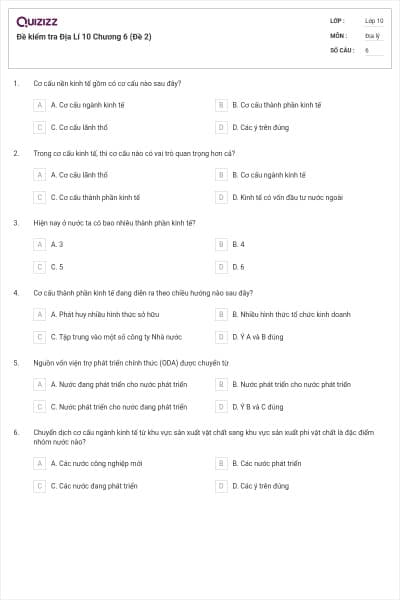 Đề kiểm tra Địa Lí 10 Chương 6 (Đề 2)
