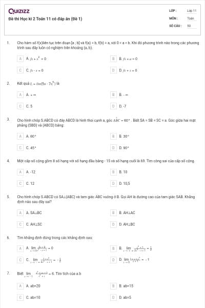 Đề thi Học kì 2 Toán 11 có đáp án (Đề 1)