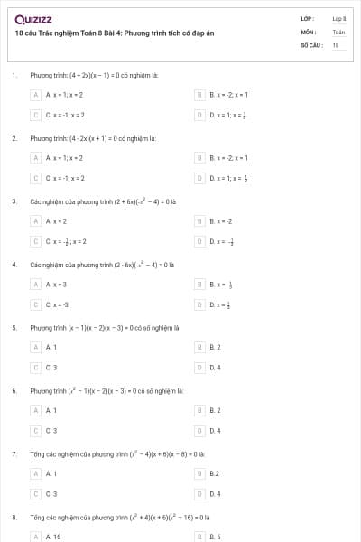 18 câu Trắc nghiệm Toán 8 Bài 4: Phương trình tích có đáp án