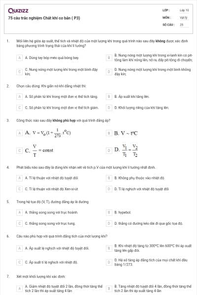 75 câu trắc nghiệm Chất khí cơ bản ( P3)