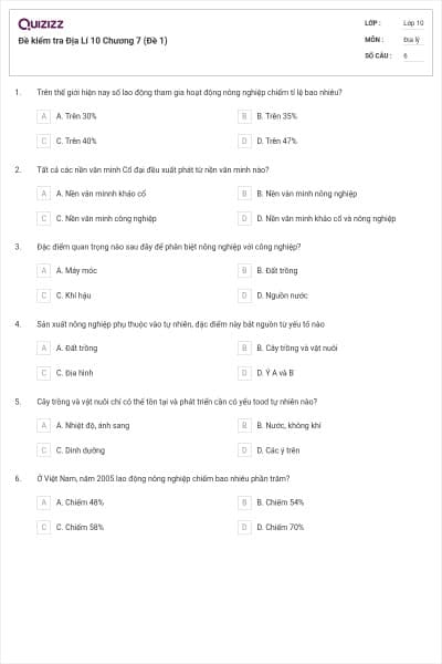 Đề kiểm tra Địa Lí 10 Chương 7 (Đề 1)